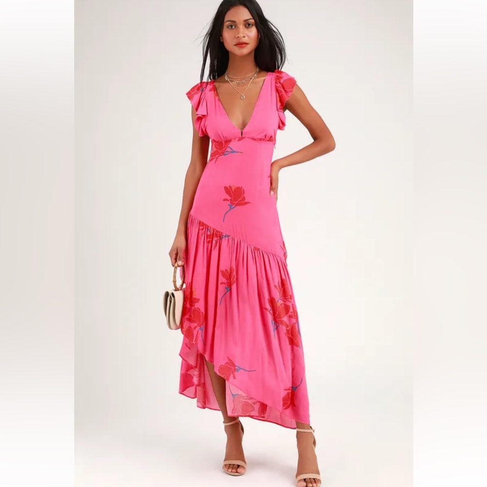 Free People Hot Pink Floral Print Ruffled Maxi Dress